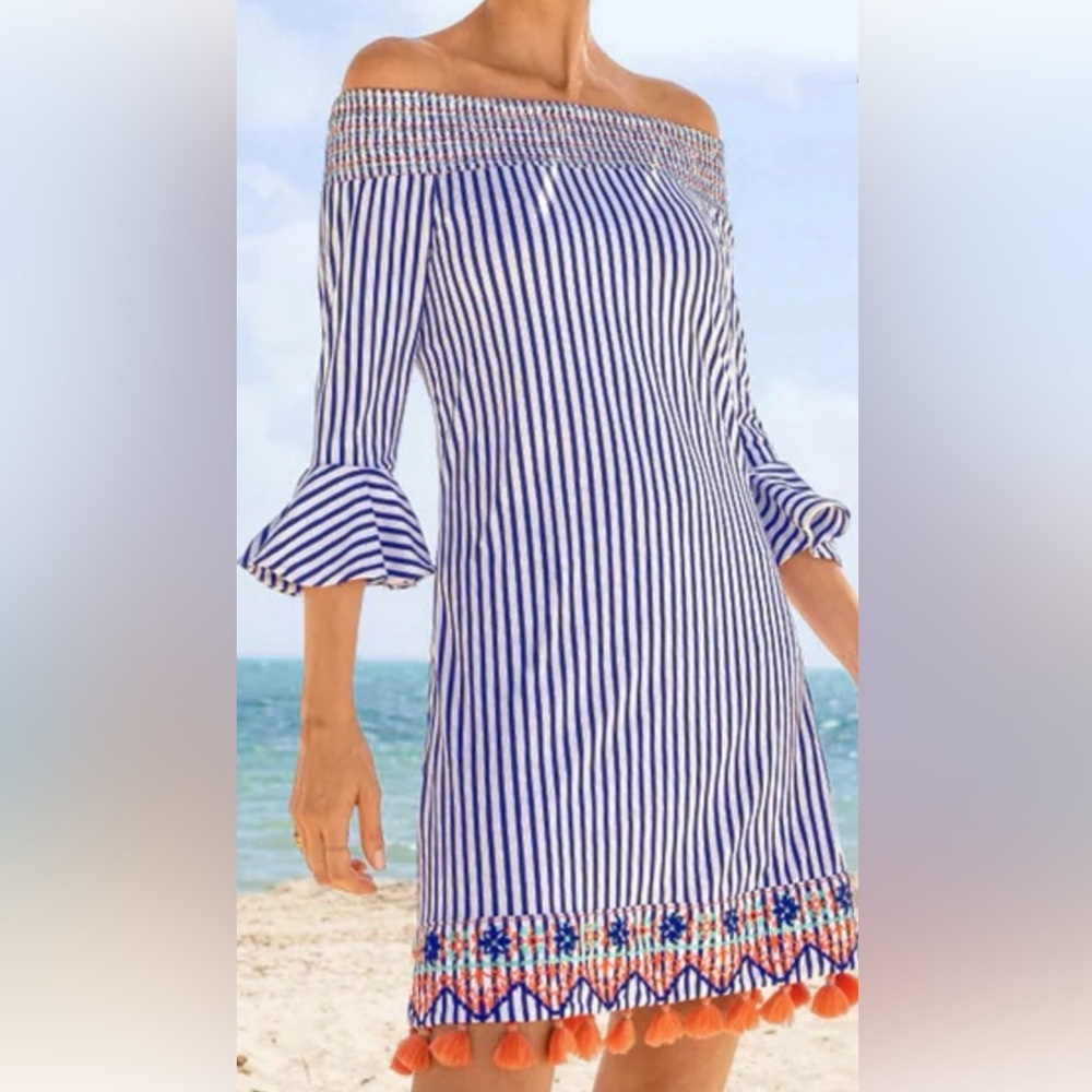 Cabana Life Navy and White Striped Dress with Red Accents